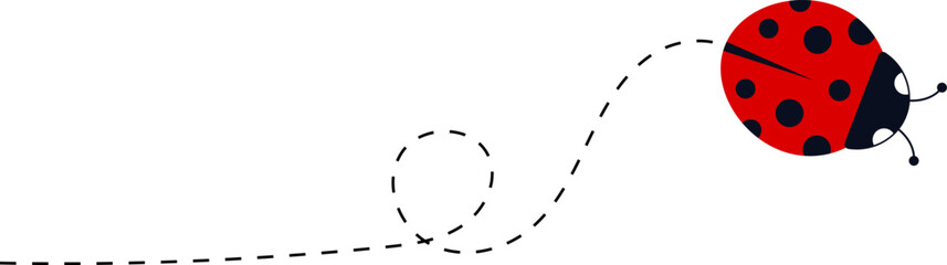 Obraz premium Cute ladybug characters collection. Flying ladybug with dotted path. Ladybugs flying on dotted route. ladybug icon set. Insects group. Vector illustration isolated on white.