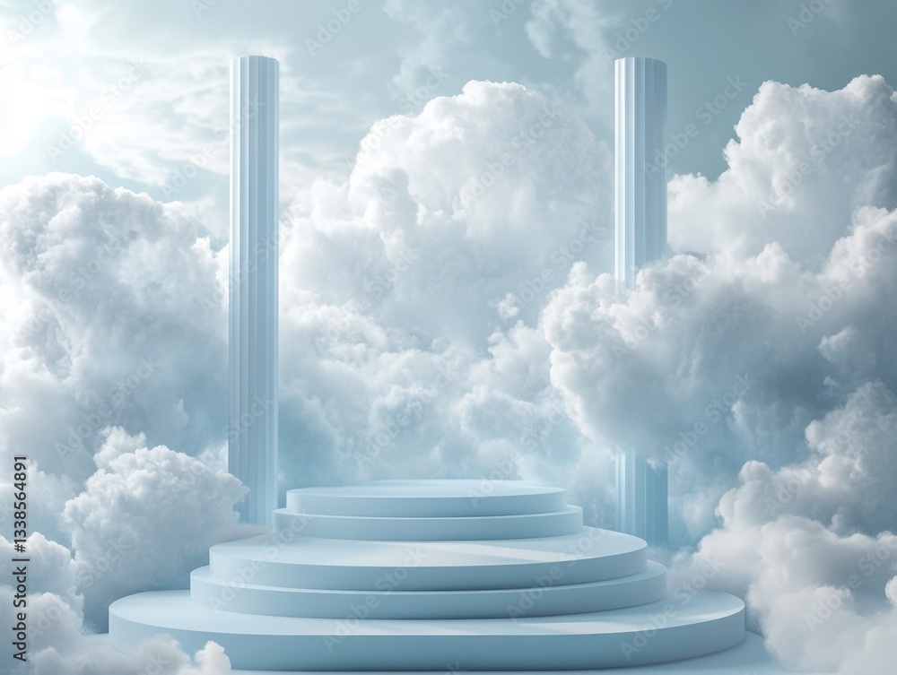 Aufkleber ethereal cloudscape with podium and columns serene sky backdrop for product display and artistic pre