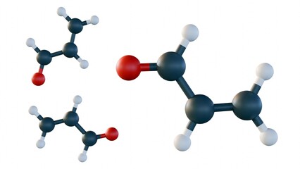 A 3d rendering of the structure of acrolein molecule, also known as propenal, a highly reactive and toxic aldehyde.