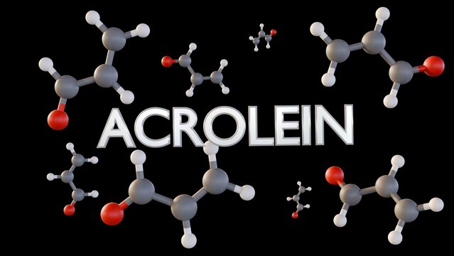A 3d rendering of the structure of acrolein molecule, also known as propenal, a highly reactive and toxic aldehyde.