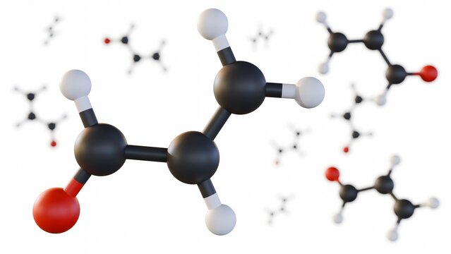 A 3d rendering of the structure of acrolein molecule, also known as propenal, a highly reactive and toxic aldehyde.