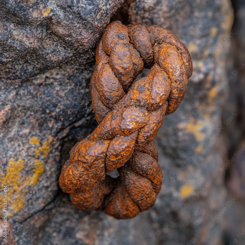 Poster close up of old rusty metal chain link on weathered stone surface creating a vintage and textured sc