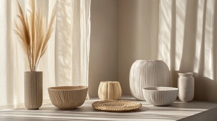 Room interior Mock-up template in modern minimalist aesthetic. Organic template for product showcase with copy space. Bohemian stationery for local business with place for text.