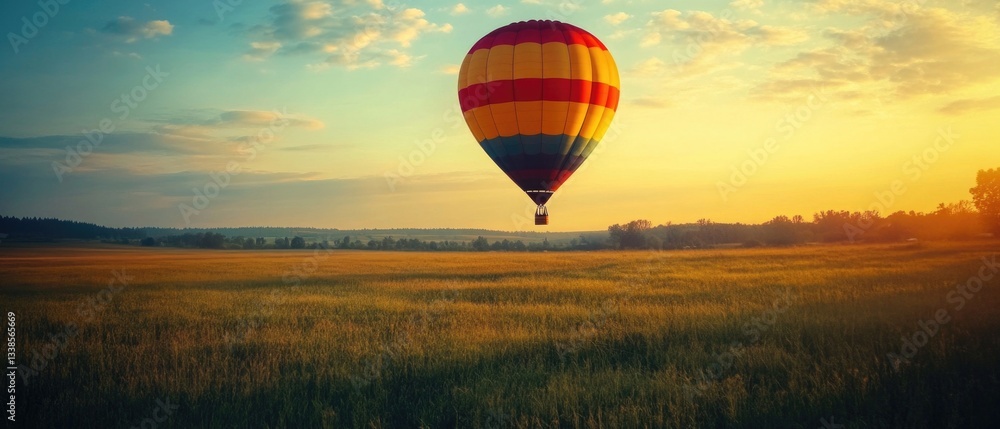 Poster colorful hot air balloon soaring above a green field with trees and hills in the background