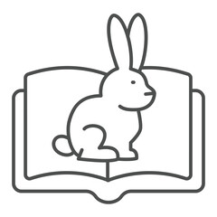Rabbit at book thin line icon, love animals tale concept. Vector graphics. Opened book and sitting bunny sign on white background, outline style icon for mobile or web design.