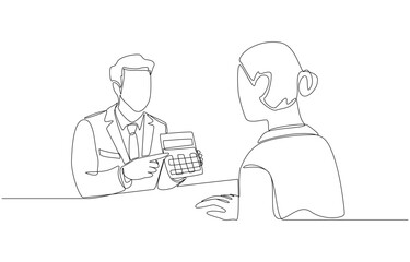 Continuous one line drawing of bank employee showing calculated loan amount to customer, bank loan consultation concept, single line art