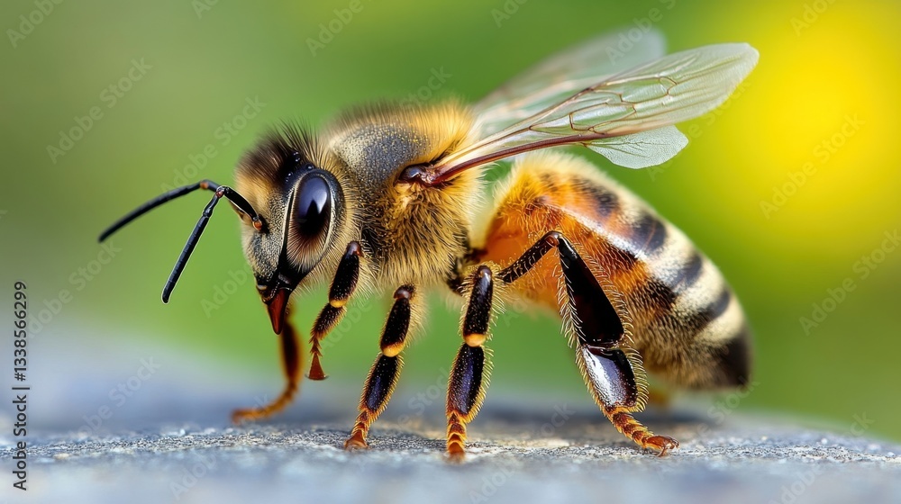 Poster detailed macro shot of a honeybee on a stone surface with soft green and yellow background capturing