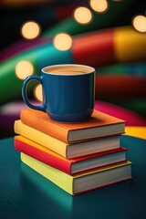 Fototapeta premium A cup of coffee sits atop a stack of books, a cozy study setting
