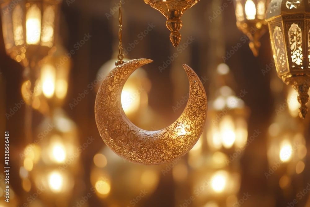 Poster a golden crescent hangs from a string, lit up by colorful lights
