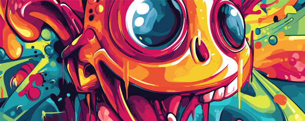 Vibrant abstract illustration of a colorful, smiling fantasy creature with large eyes.
