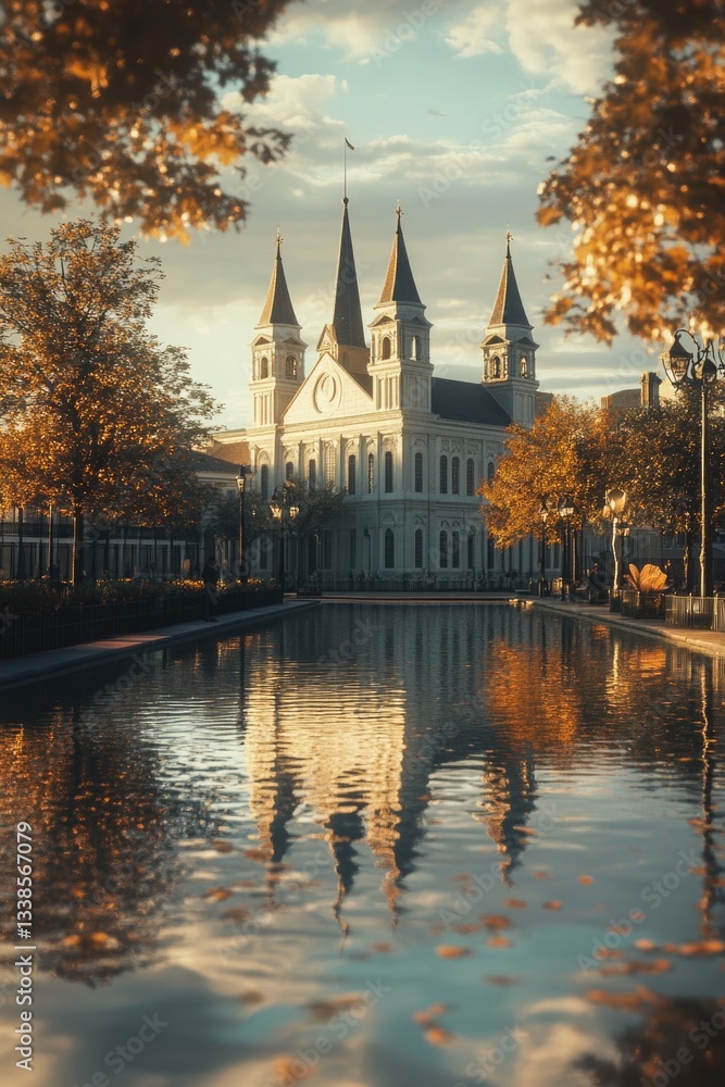 Poster a large white building with two towers standing next to a calm body of water