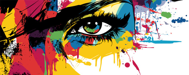 Colorful abstract painting of a woman's eye with vibrant paint splashes.