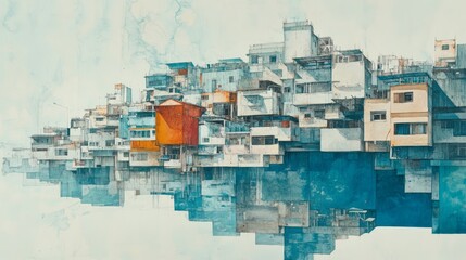 Watercolor depicts urban stacked architecture with reflections and mixed hues