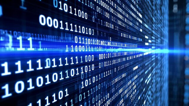 Digital data stream flowing through binary code in a futuristic technological environment