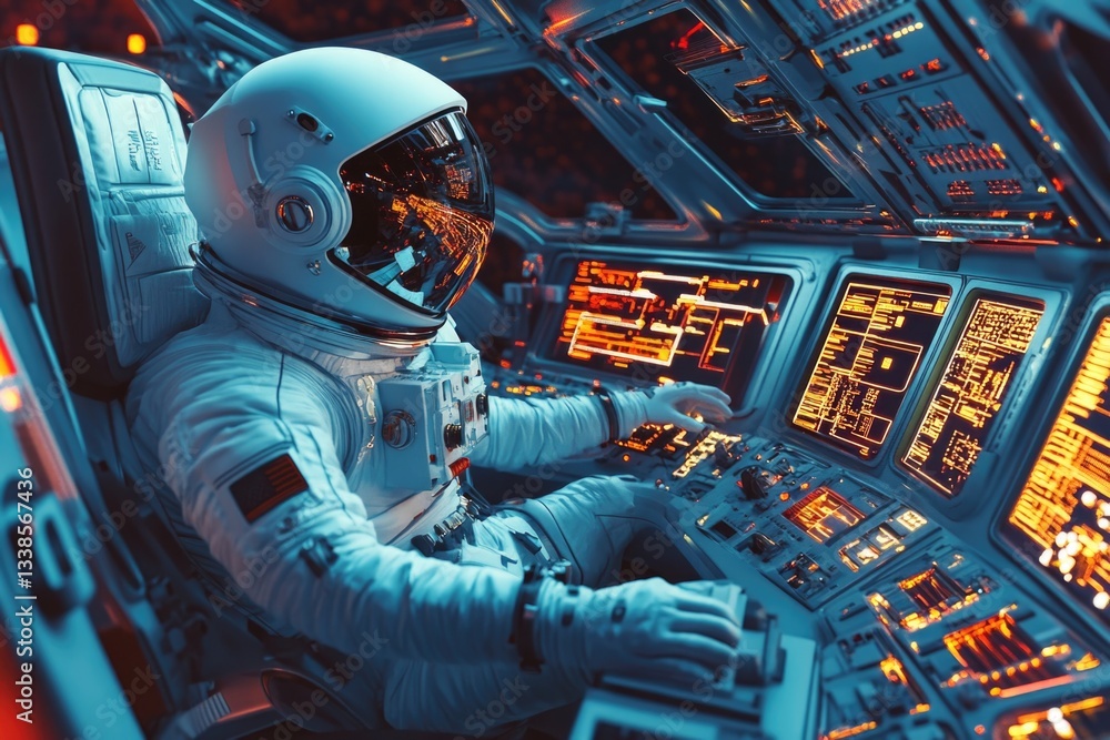Poster space astronaut sits at console with screens and equipment, advising use for space-themed illustrati