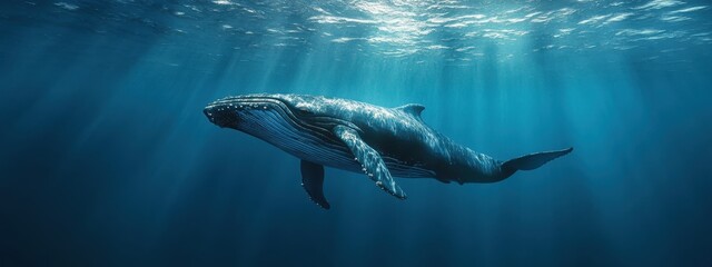 Fototapeta premium Majestic Humpback Whale Swimming Beneath Ocean Surface Light