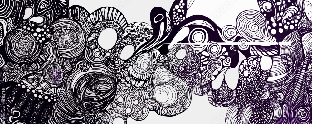 Poster abstract black and white swirls and spirals design with intricate patterns and textures.