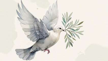 Watercolor Pigeon with olive tree branch White flying dove bird, symbol of peace. Realistic style hand drawn illustration for religious card, Baptism, first communion. Isolated from background clipart