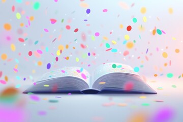 An open book surrounded by confetti, suggesting a celebration or achievement in academics or literature