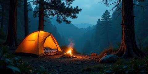Illuminated Tent and Campfire in a Dark Forest at Dusk