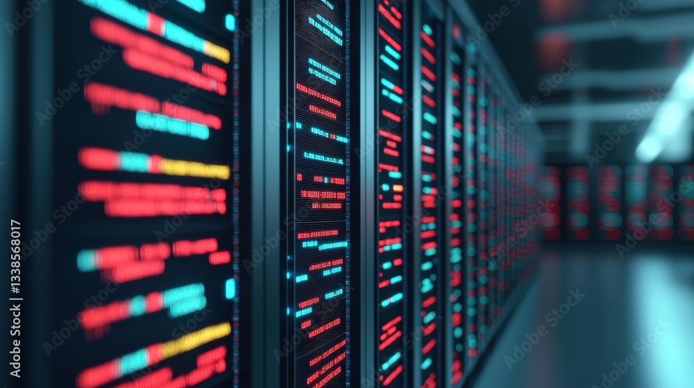 Poster markets impact futures trading concept. data center with illuminated server racks and digital displa
