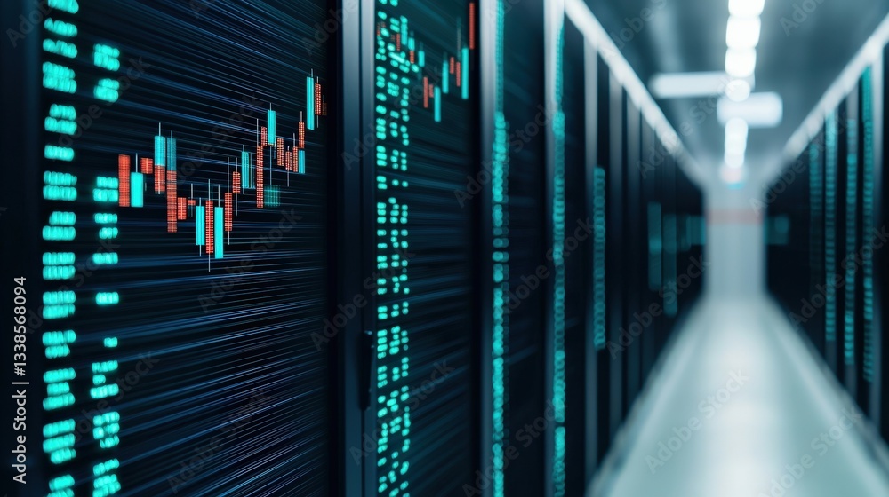 Aufkleber markets impact futures trading concept. high-tech server room with digital data displays and graphs.