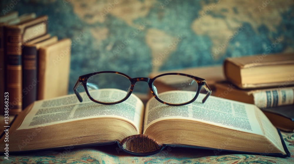 Poster a pair of glasses resting on the cover of an open book, perfect for reading and learning
