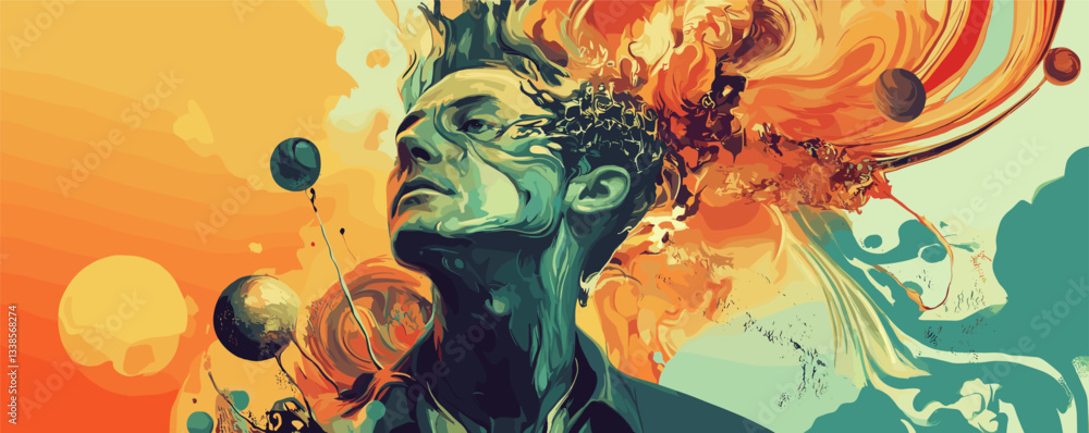 Aufkleber abstract portrait of man with explosive colorful artwork and surreal elements.