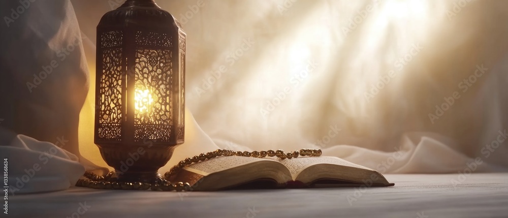 Poster an open book sits next to a lamp on a table, perfect for a cozy reading nook or study
