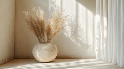 Room interior Mock-up template in modern minimalist aesthetic. Organic template for product showcase with copy space. Bohemian stationery for local business with place for text.