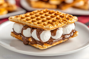 waffle s’more with melted chocolate and marshmallows on a plate