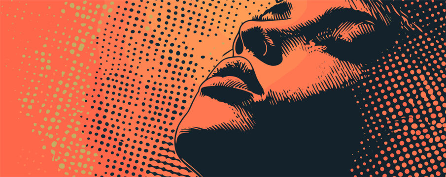 Abstract pop art portrait of woman's face with dotted patterns in vibrant orange hue.