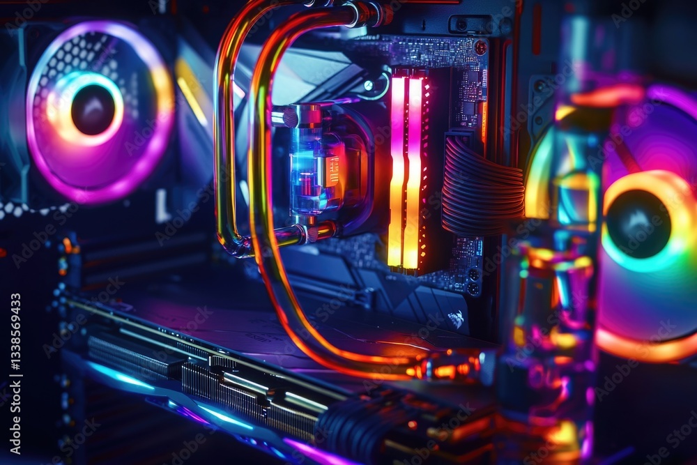 Poster A close-up view of a computer case with colorful lights and wires visible