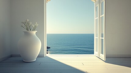 Coastal Room View with White Vase.