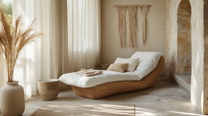 Room interior Mock-up template in modern minimalist aesthetic. Organic template for product showcase with copy space. Bohemian stationery for local business with place for text.