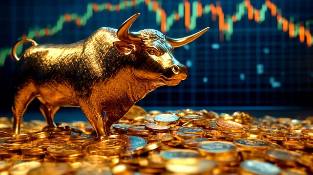  Toro dorado sobre monedas de oro con gr&aacute;fico burs&aacute;til en movimiento en el fondo, simbolizando un mercado alcista
