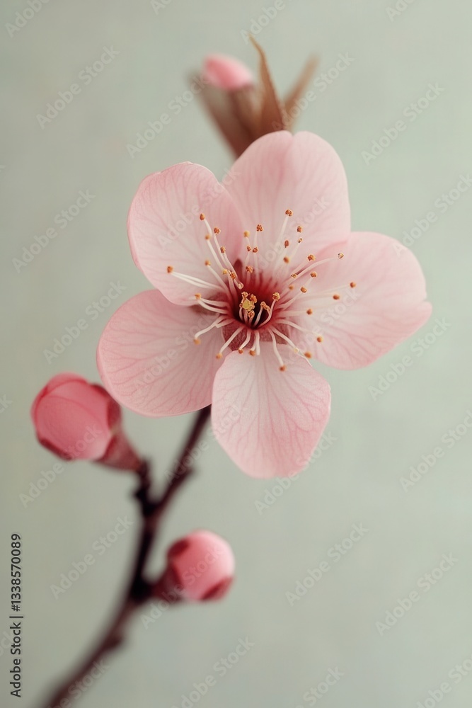 Poster delicate pink blossom on a branch against a soft background creating a serene and natural floral com
