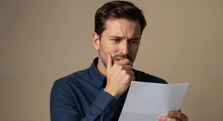 A man with a troubled expression and nervous gesture reveals deep worry while reviewing concerning information.