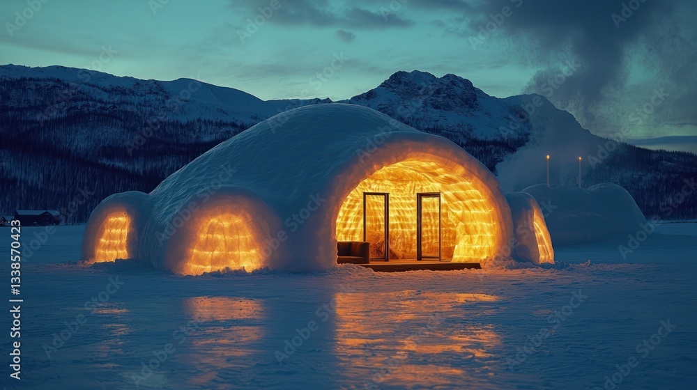 Poster illuminated snow igloo structures in a wintery wilderness landscape setting