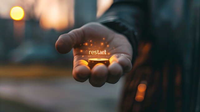This hand holds a glowing button labeled restart symbolizing advances in genetic modifications.