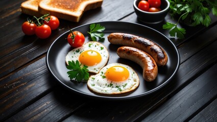 Hearty breakfast with fried eggs and sausages