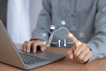 cloud computing shown in hand cloud technology data storage, data transfer, network and internet service concept, internet storage network technology	