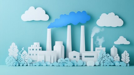 Obraz premium Paper cutout of an industrial landscape with factories, trees, and clouds in a pastel color palette.