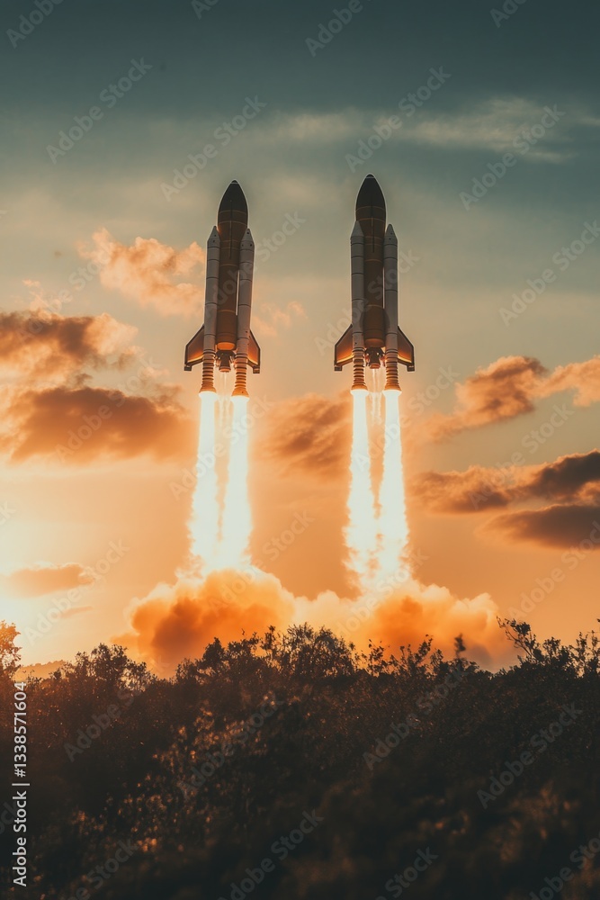 Poster two rockets soaring through the sky, with smoke trails behind them