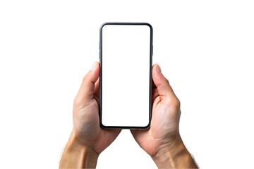 hand holding smart phone with blank screen isolated on transparent background
