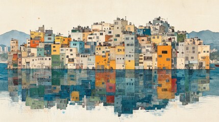 Obraz premium A colorful waterfront cityscape reflects in the tranquil water below