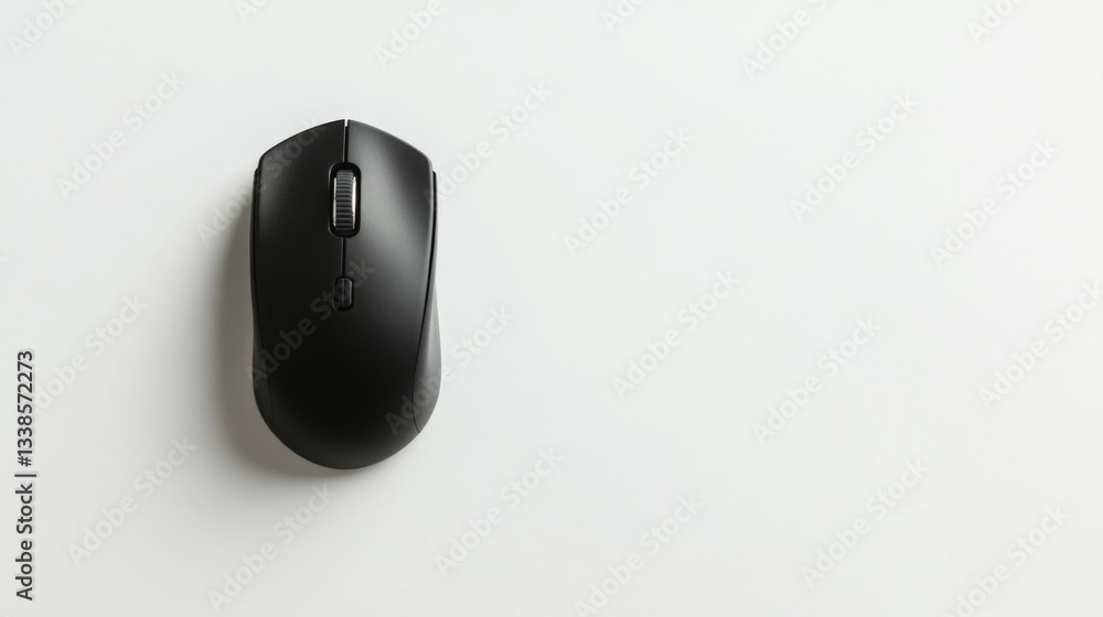 Poster a black computer mouse sitting on a clean and minimalist white surface