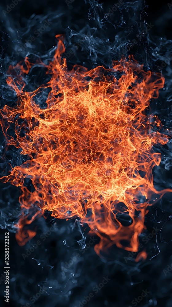 Poster a vibrant and dynamic image showcasing swirling orange and blue flames against a dark background, cr