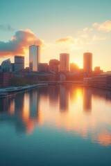 Fototapeta premium A cityscape with tall buildings and skyscrapers during sunset
