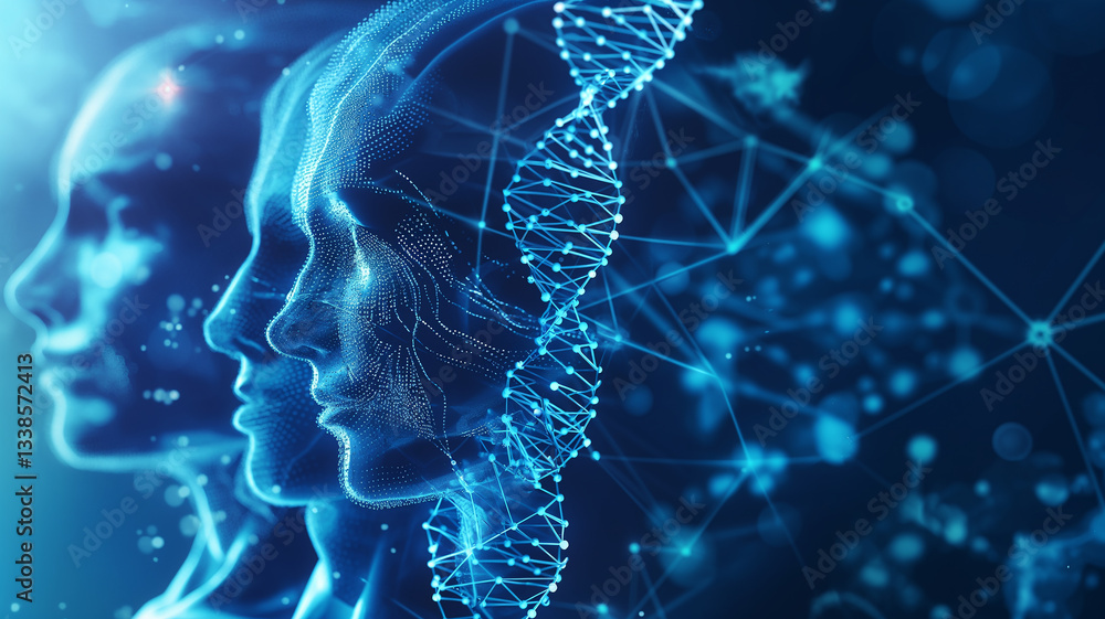 Poster the visual shows genetic modifications to enhance human youth with advanced technology.